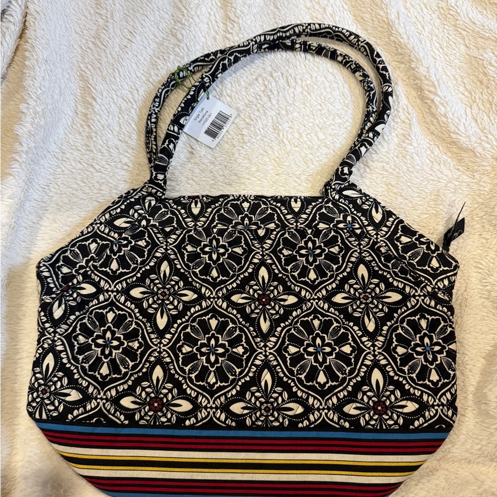Vera Bradley Black & White Floral Angle Tote in Barcelona pattern